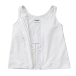 white post surgery tank top with a front zipper on a white background, fabric close up that highlights adaptive functionality
