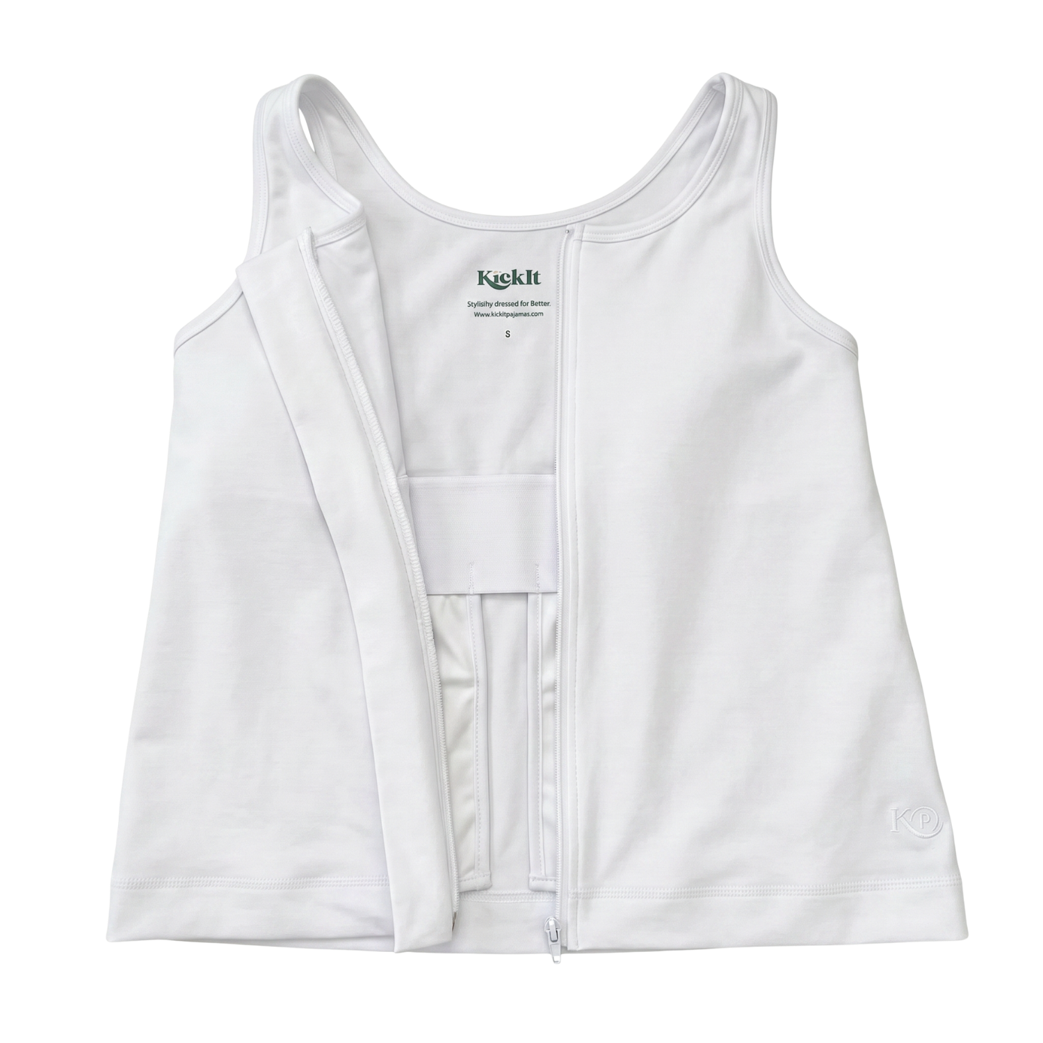 white post surgery tank top with a front zipper on a white background, fabric close up that highlights adaptive functionality
