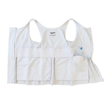  white post surgery tank top with a front zipper on a white background, fabric close up that highlights adaptive functionality