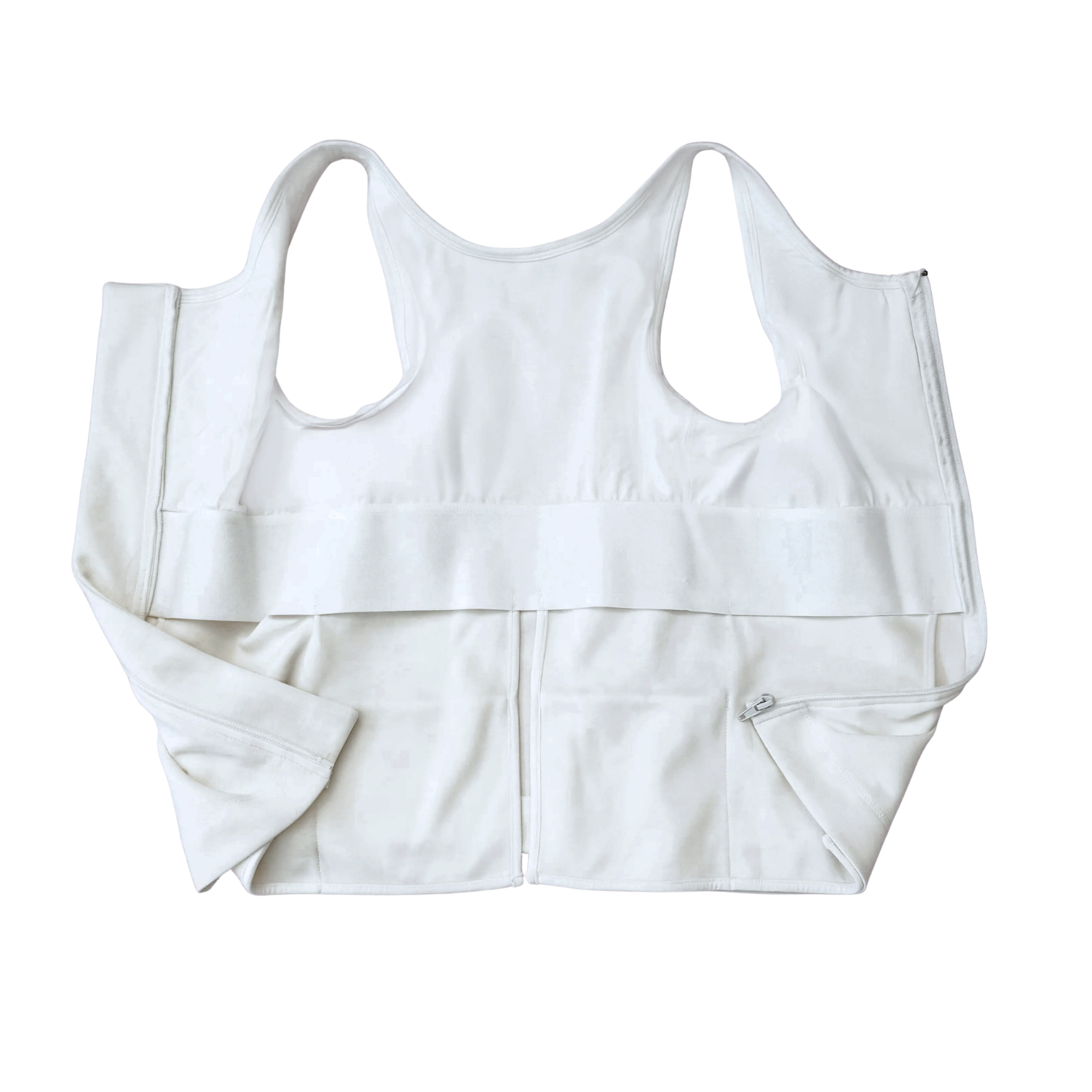 white post surgery tank top with a front zipper on a white background, fabric close up that highlights adaptive functionality