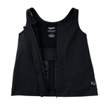 Black post surgery tank top with a front zipper on a white background, fabric close up that highlights zipper functionality 