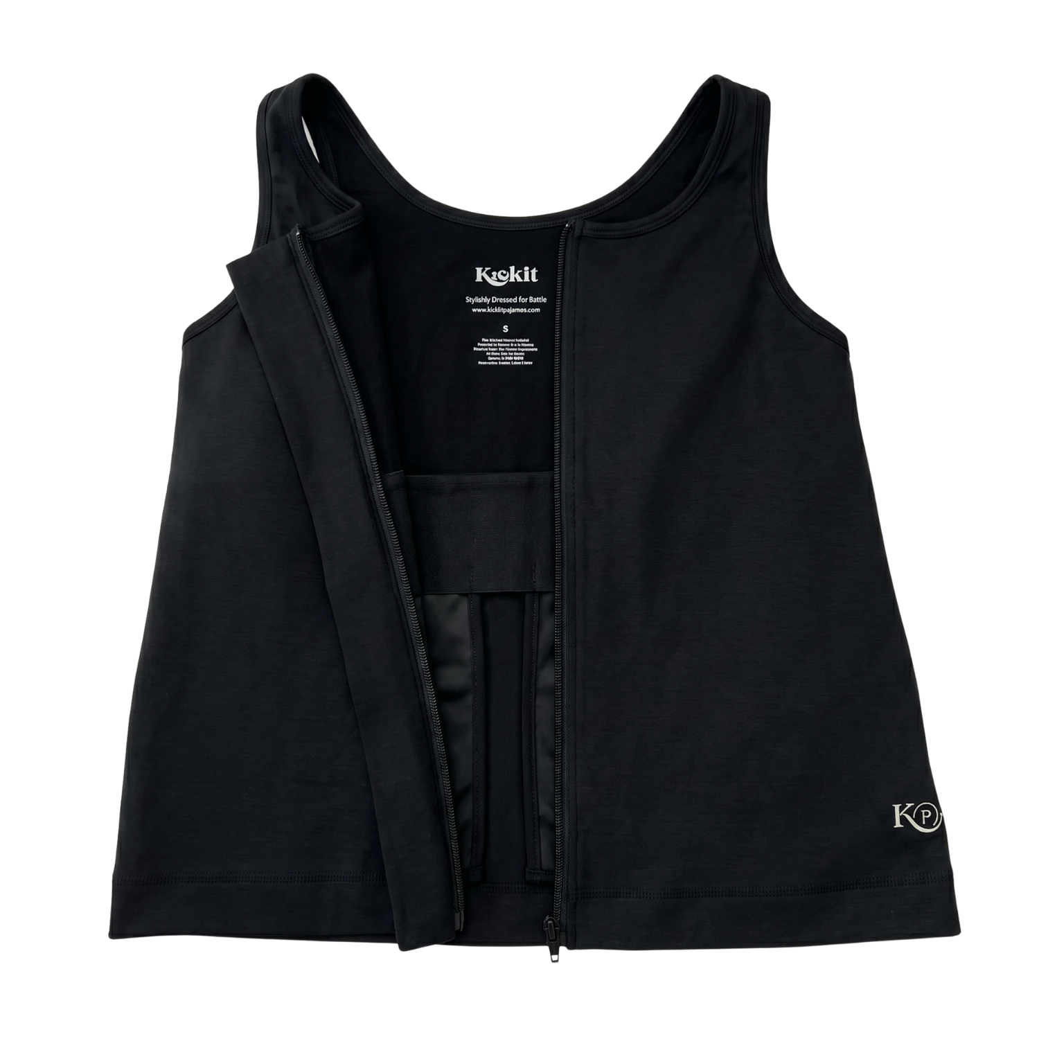 Black post surgery tank top with a front zipper on a white background, fabric close up that highlights zipper functionality 