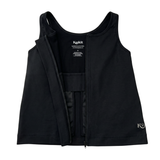 Black post surgery tank top with a front zipper on a white background, fabric close up that highlights zipper functionality 