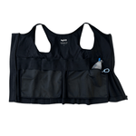 Black post surgery tank top with a front zipper on a white background, fabric close up that highlights adaptive functionality