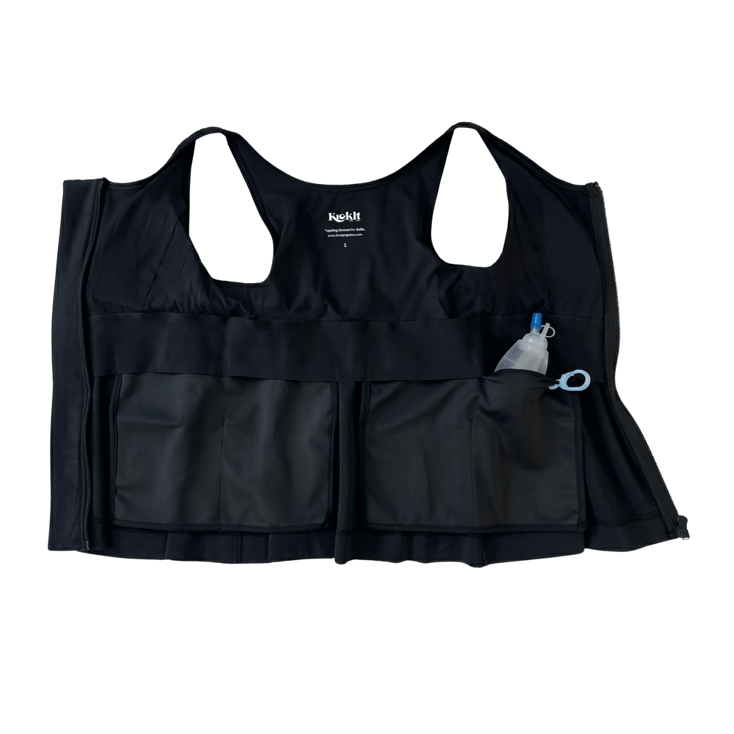 Black post surgery tank top with a front zipper on a white background, fabric close up that highlights adaptive functionality