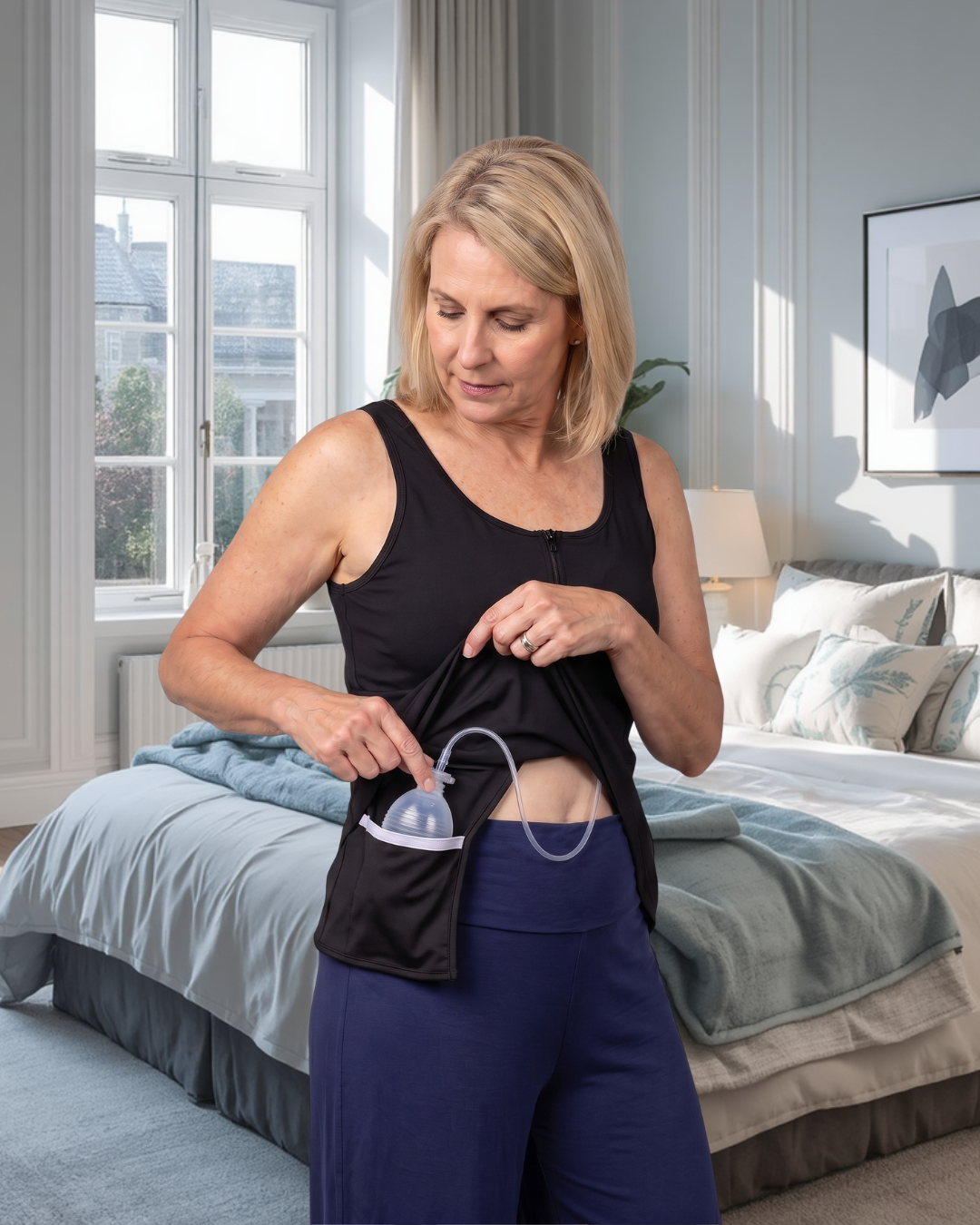 woman wearing a black mastectomy tank top showing the interior drain pockets against a bedroom background