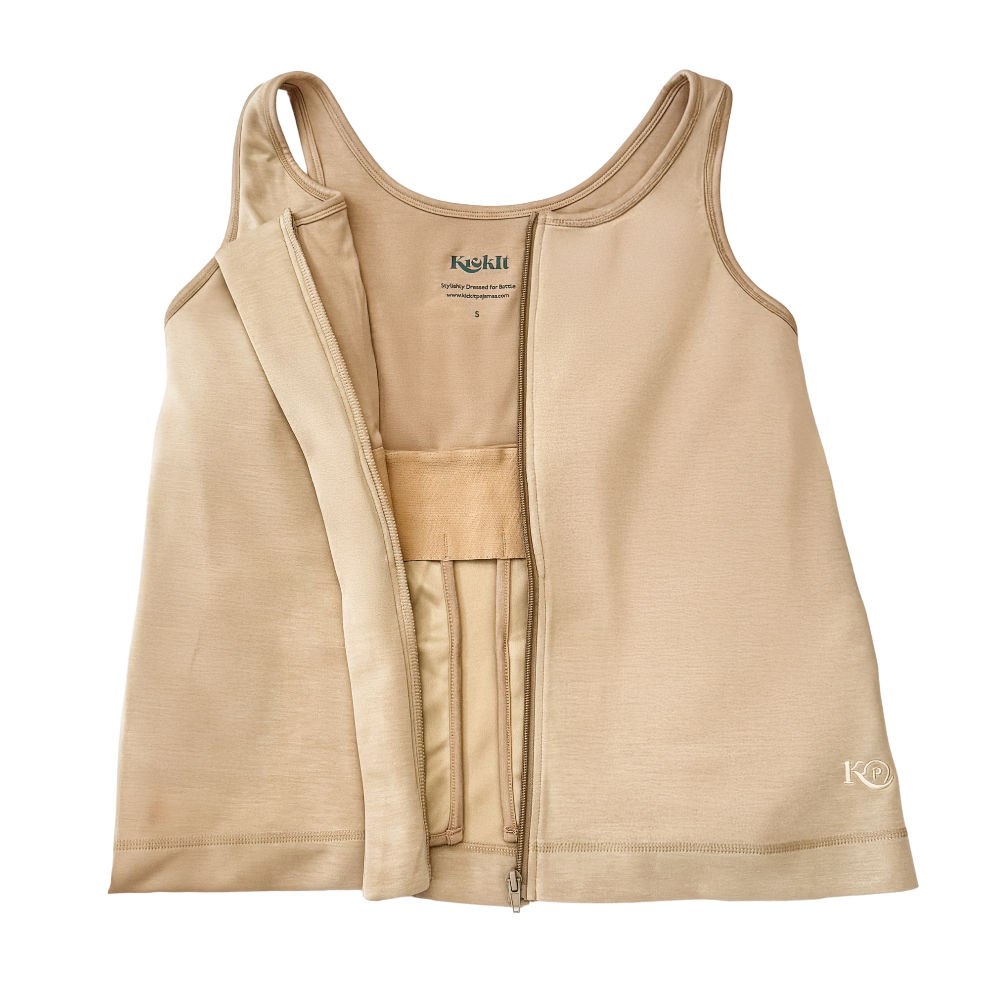 close up of mastectomy tank top fabric, highlighting the front opening zipper design for those with limited mobility