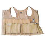 close up of mastectomy tank top highlighting the front opening zipper design and interior drain pockets