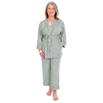 A woman modeling a two-piece post surgery pajamas set consisting of a long-sleeve belted robe and matching pants, featuring vertical stripes in sage green, against a plain white background.
