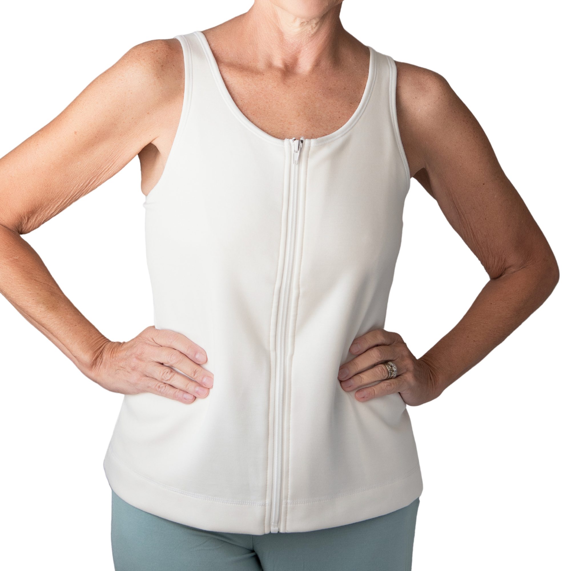 Person wearing a white tank top with zipper front opening on a white background