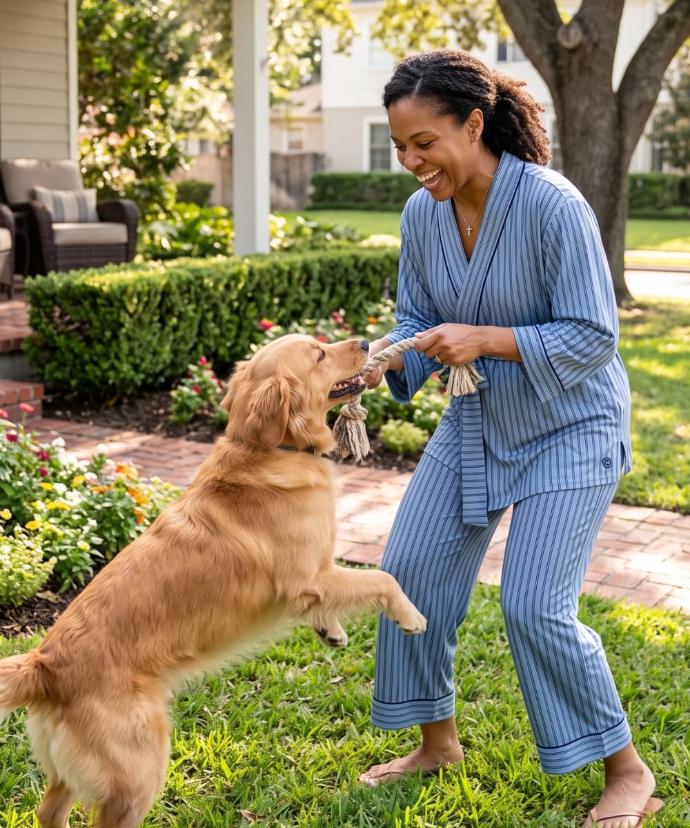 woman wearing a blue striped pajamas set playing with a dog in the front yard