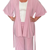 Pink short sleeve mastectomy pajamas open so you can see the mastectomy tank