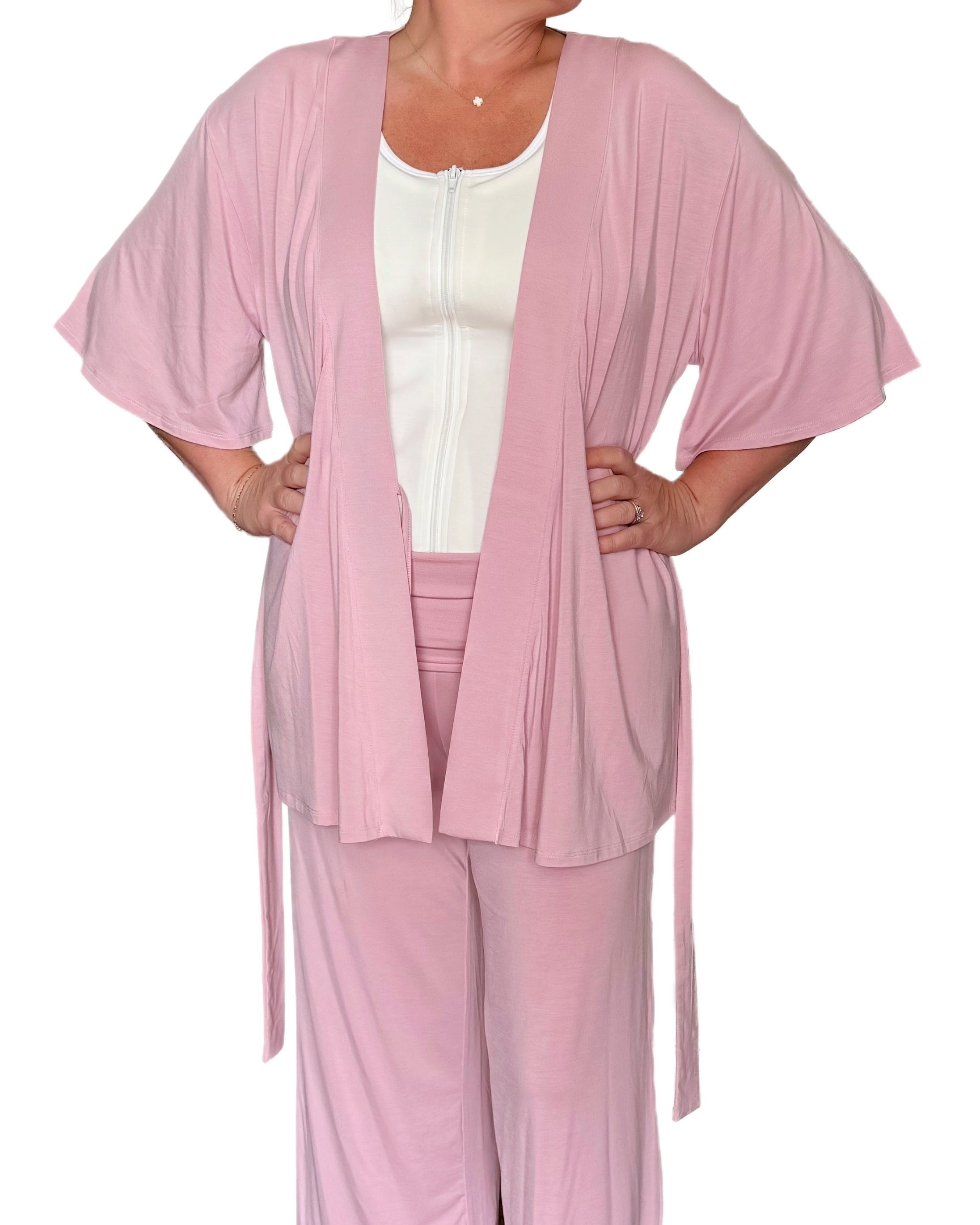 Pink short sleeve mastectomy pajamas open so you can see the mastectomy tank