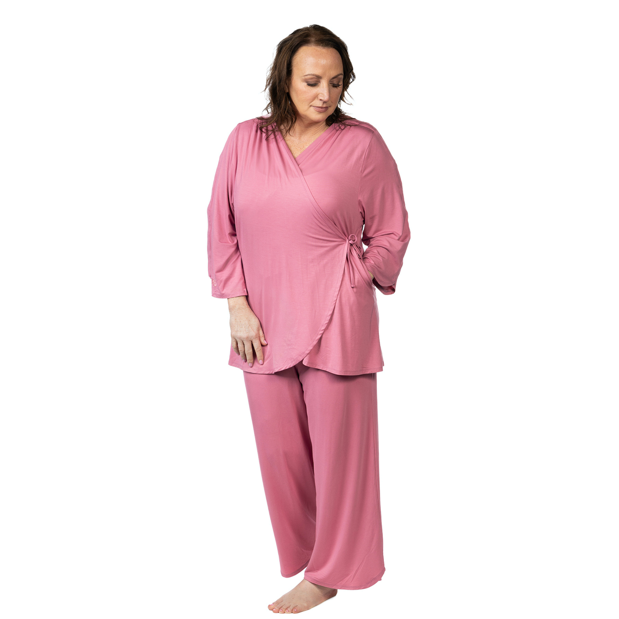 Hospital pajamas for cancer patients with snap sleeves for IVs, Chemo ports and more.