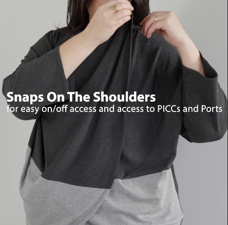 The KickIt Cardigan is a versatile garment, offering convenience and comfort. Additionally, it serves as a reliable companion for staying cozy during chilly infusion sessions and is ingeniously tailored to provide comfort during chemotherapy treatments. Designed with consideration for individuals with limited arm mobility, the KickIt Cardigan has a single snap on top of the shoulder, ensuring effortless wear and removal. Its timeless design transcends seasons, adding a touch of elegance to any ensemble.